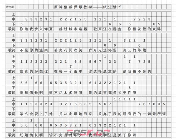 《原神》纸短情长琴谱简谱图片分享-第2张-手游攻略-GASK